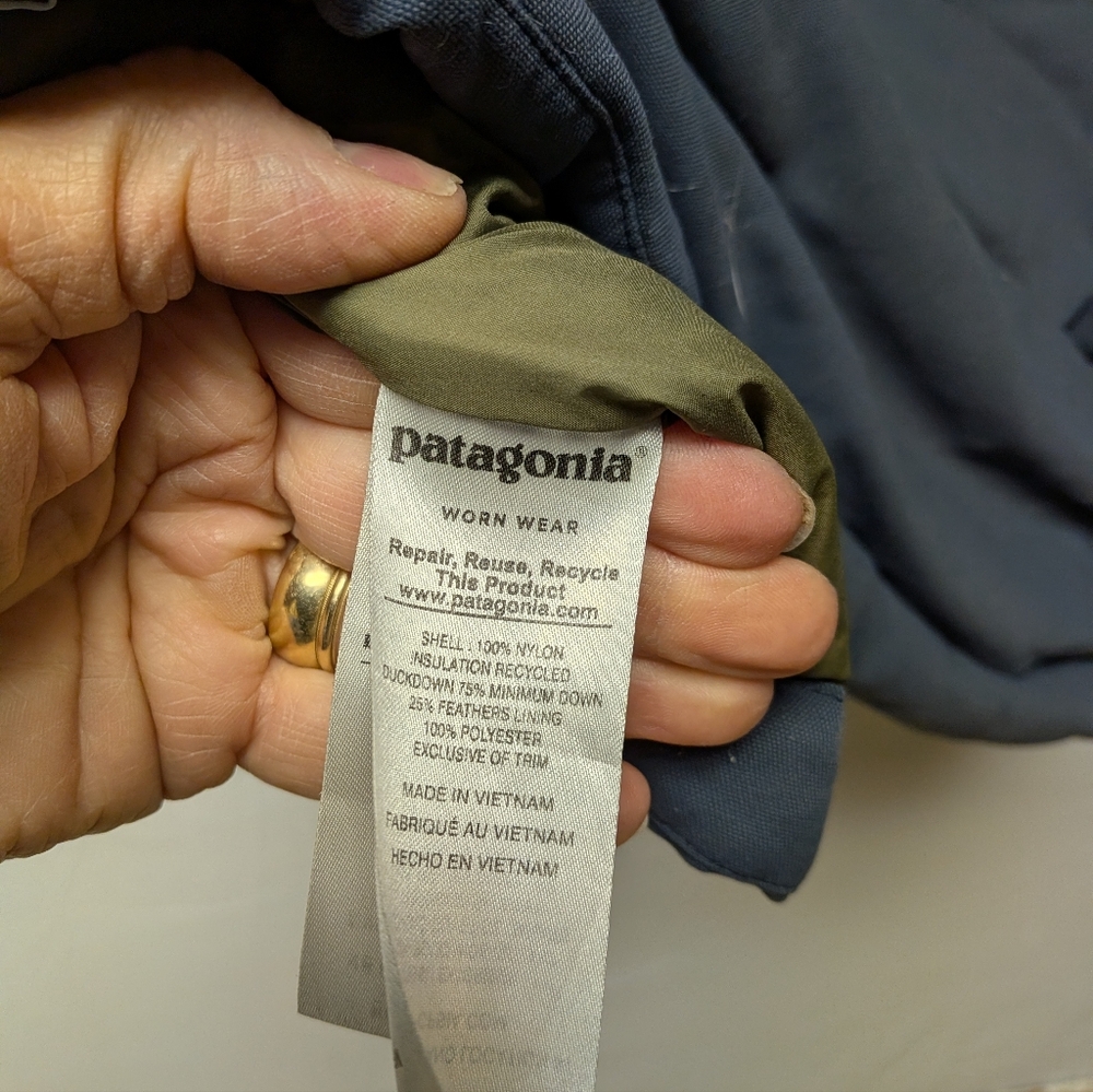 Patagonia Women's Hooded Puffer Vest in Olive and Gray - Picture 5 of 6